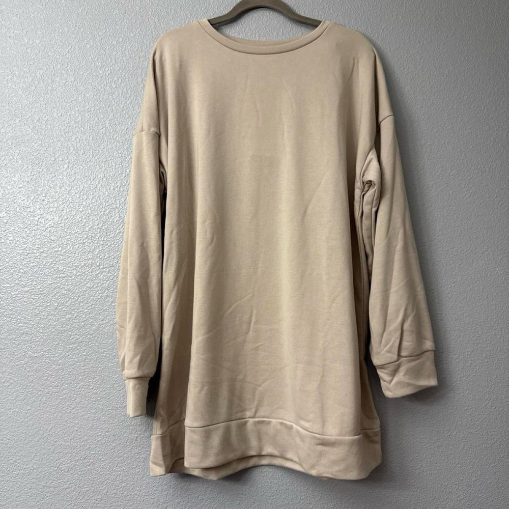 OSHOPLIVE Beige Oversized Long Sleeve Crew Neck Sweatshirt Tan Small NEW